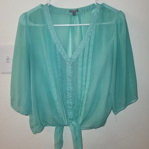 Teal Turquoise 3/4 sleeve blouse sheer V-neck Charlotte Russe